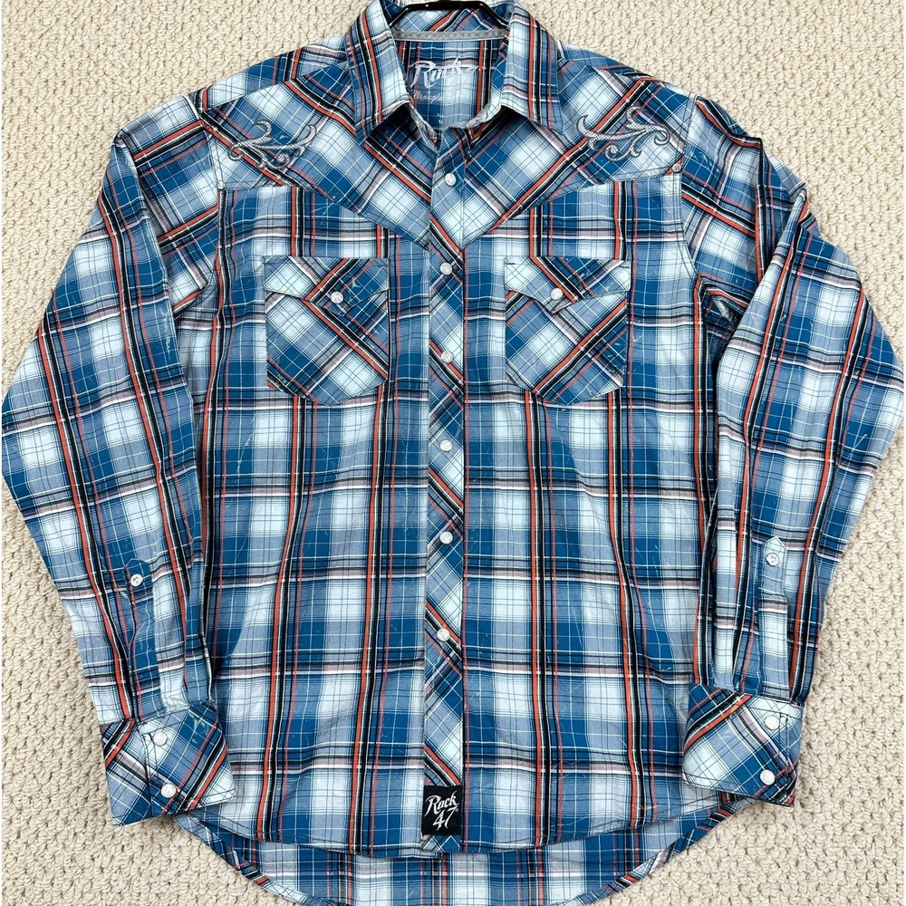 Rock 47 Wrangler Shirt Mens M Blue Plaid Pearl Snap Embroidered Western Cowboy